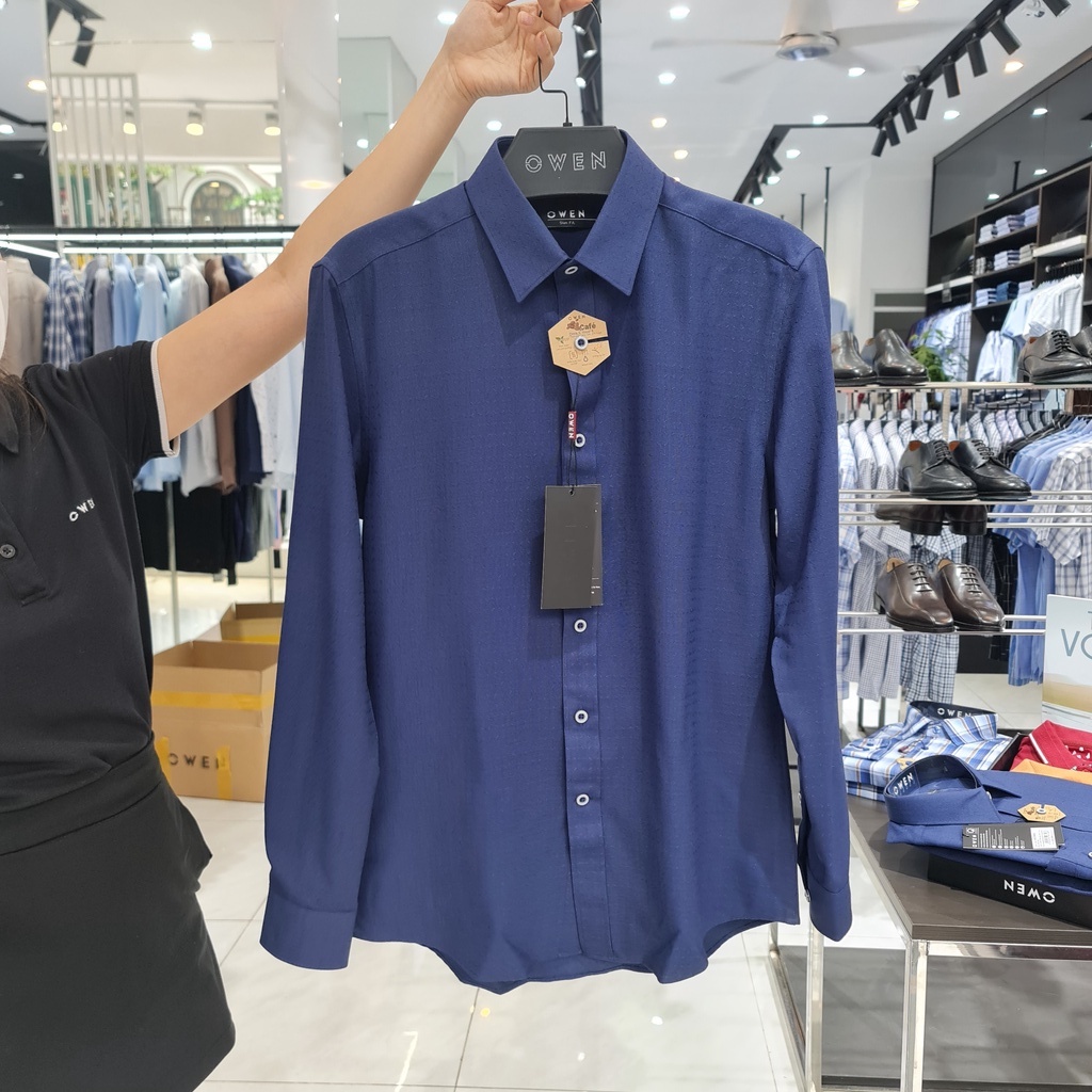 Áo Sơ Mi Nam Dài Tay Owen AS23360D Somi Công Sở Cao Cấp Màu Xanh Đậm Họa Tiết Chìm Dáng Ôm  Không Túi Vải Cafe Mềm Mát | BigBuy360 - bigbuy360.vn