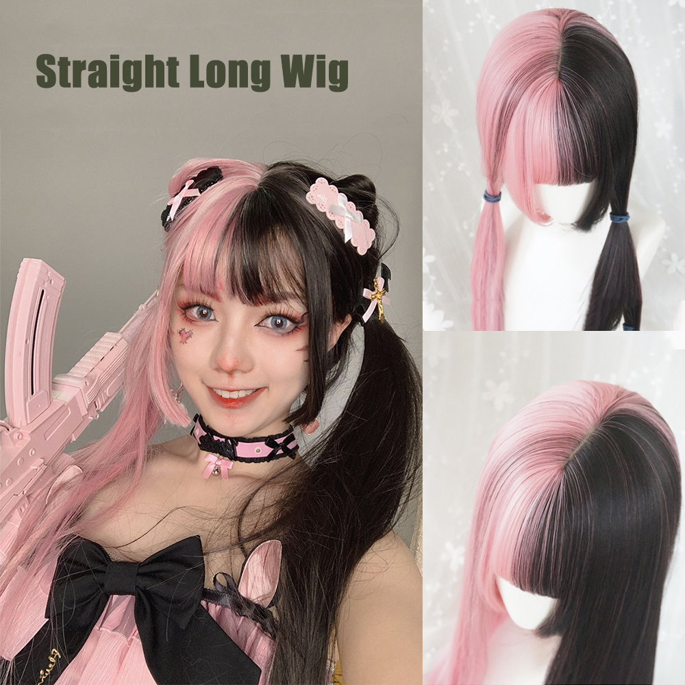 ❤LANSEL❤ Women Female Black&pink Wig Synthetic Bangs Lolita Double Color Toupee Long Thick Hair Extension Harajuku Goth Style Hair Cosplay Long Straight Hair