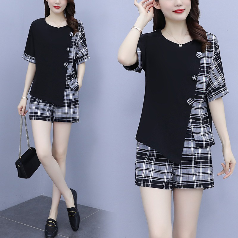 Bộ Trang Phục 2 Mảnh Dáng Rộng Họa Tiết Kẻ Ô Màu Sắc Tương Phản Thời Trang Xuân Hè Dành Cho Nữ Size M-4xl