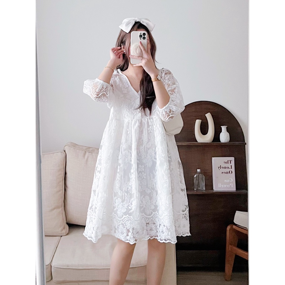 Váy Đầm Nữ Dự Tiệc Dáng Babydoll Phối Ren Cổ Tim, Váy Dự Đám Cưới Babydoll