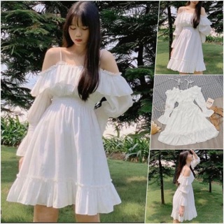 Đầm trắng trễ vai dáng xoè