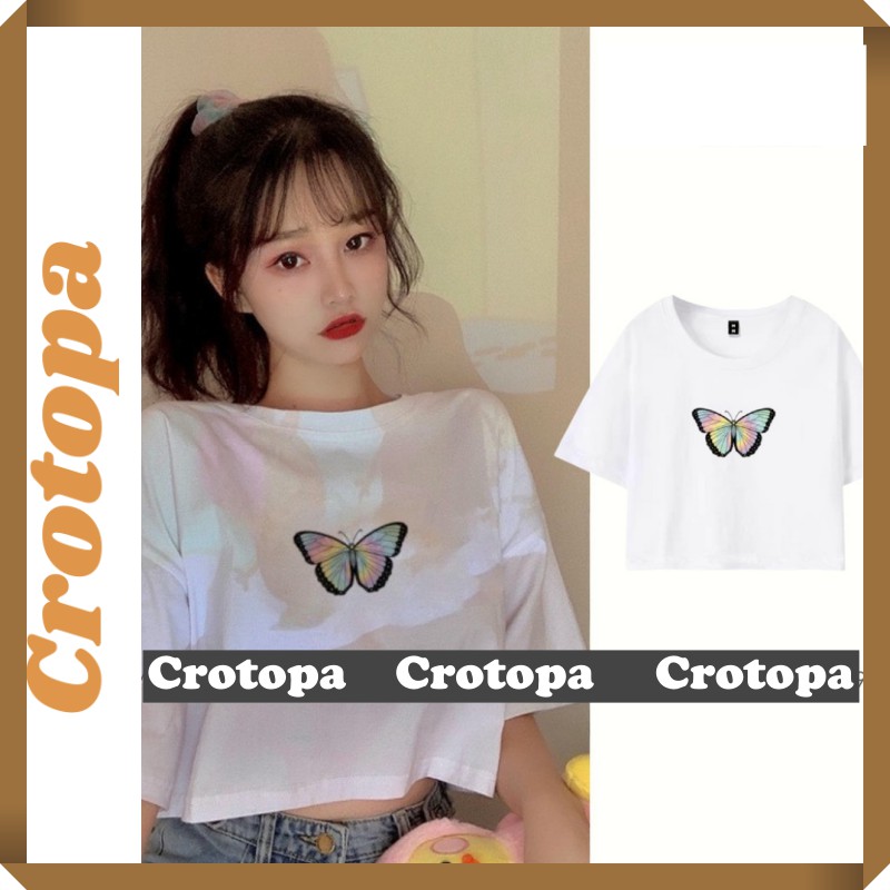 Áo Croptop Nữ Hoạ tiết RAINBOW BUTTERFLY & TRIPLE BUTTERFLY  Màu Trắng Form Rộng - CROTOPA