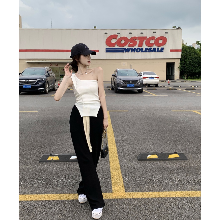 Quần Dài Thể Thao Lưng Thun Ống Rộng Rãi Màu Đen Thời Trang Hàn Quốc Sành Điệu Cho Nữ