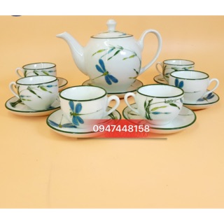 Bộ ấm chén cao cấp bát tràng - men kem vẽ chuồn
