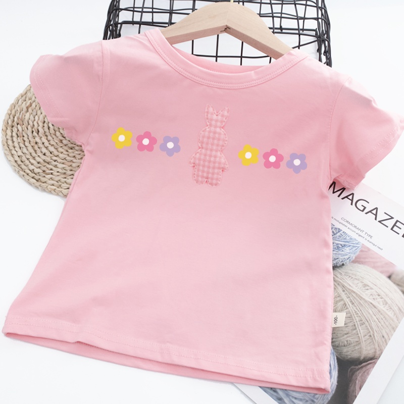 Áo Thun Tay Ngắn Chất Liệu 100% Cotton Họa Tiết Thỏ Hoạt Hình Dành Cho Bé Gái