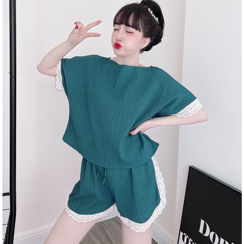 Bộ Ngủ Nữ Đũi Sọc Cổ Tròn Phối Ren Coton SOJUN Vải Đũi Trơn Dưới 70Kg