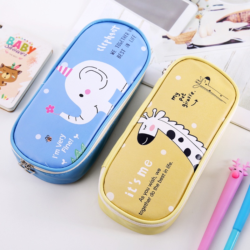 Bóp viết da PU 2 tầng hình động vật cute, hộp bút hình thú cưng màu sắc kiểu Hàn Quốc