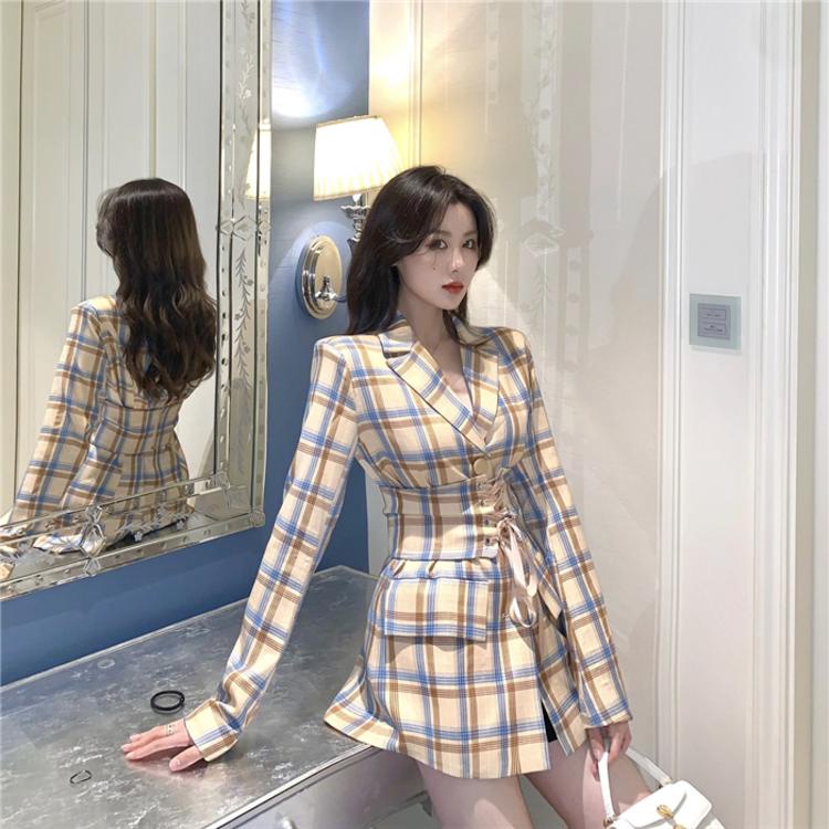 Đầm nữ dáng ôm caro tay dài mini Emilyshop