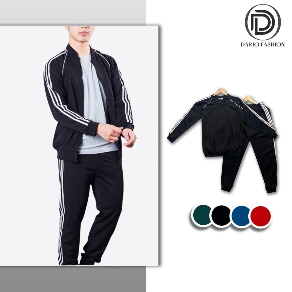 Set bộ quần áo thể thao nam nữ Dario Fashion dài tay kẻ sọc, độ bộ khoác nỉ nam có khóa kéo (Đen, Trắng, Xanh, Đỏ)