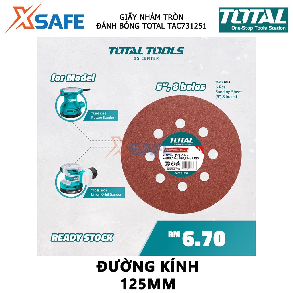 Giấy nhám tròn TOTAL TAC731251 | giấy chà nhám đường kính 125mm gồm 3 cái P80 và 2 cái P120 (5 cái / bộ)  xử lý