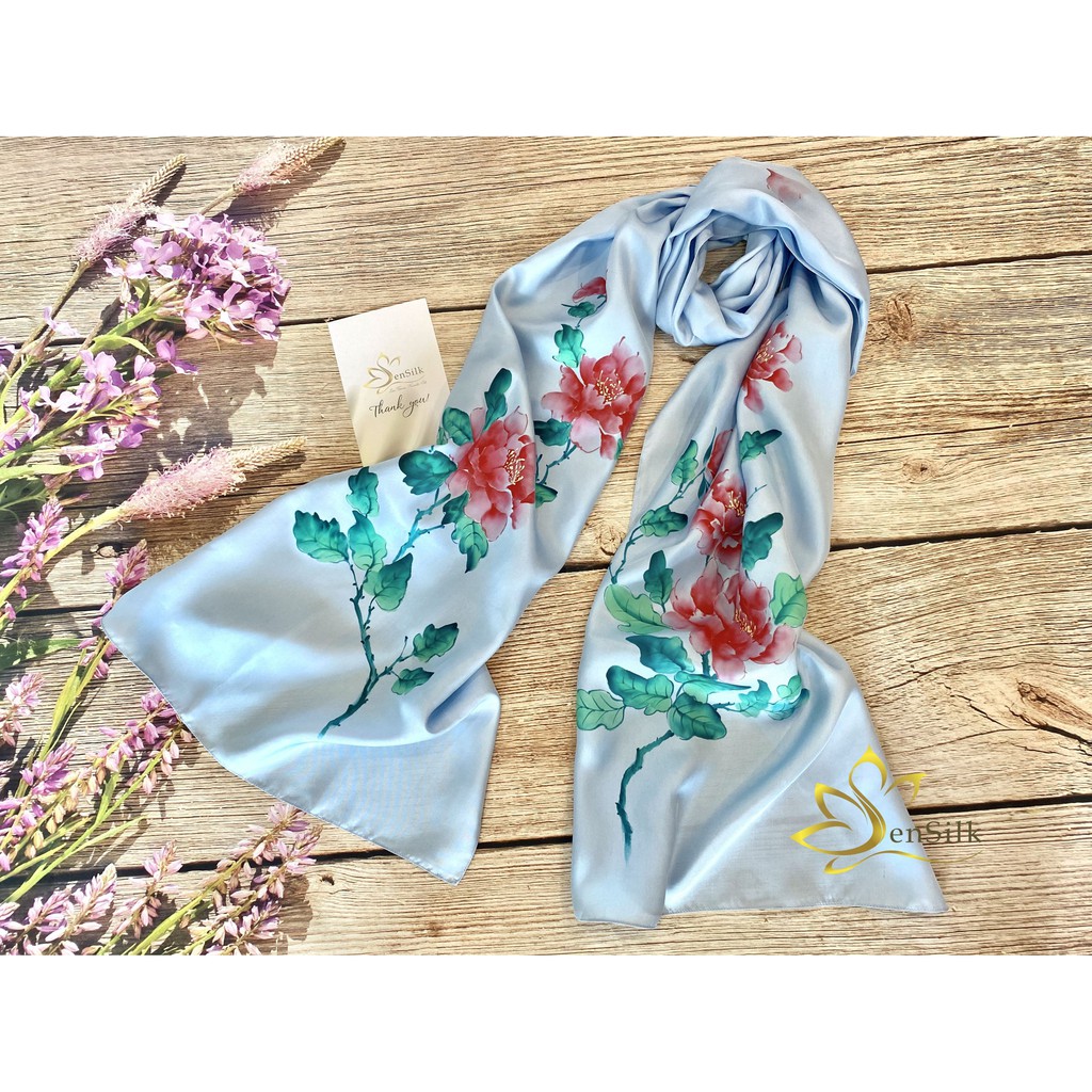 Khăn Lụa Thời Trang Vẽ Tay Hoa Mẫu Đơn SenSilk 180x55cm, Khăn Quấn Cổ Cao Cấp bằng Lụa, Silk Hand Painting Scarf