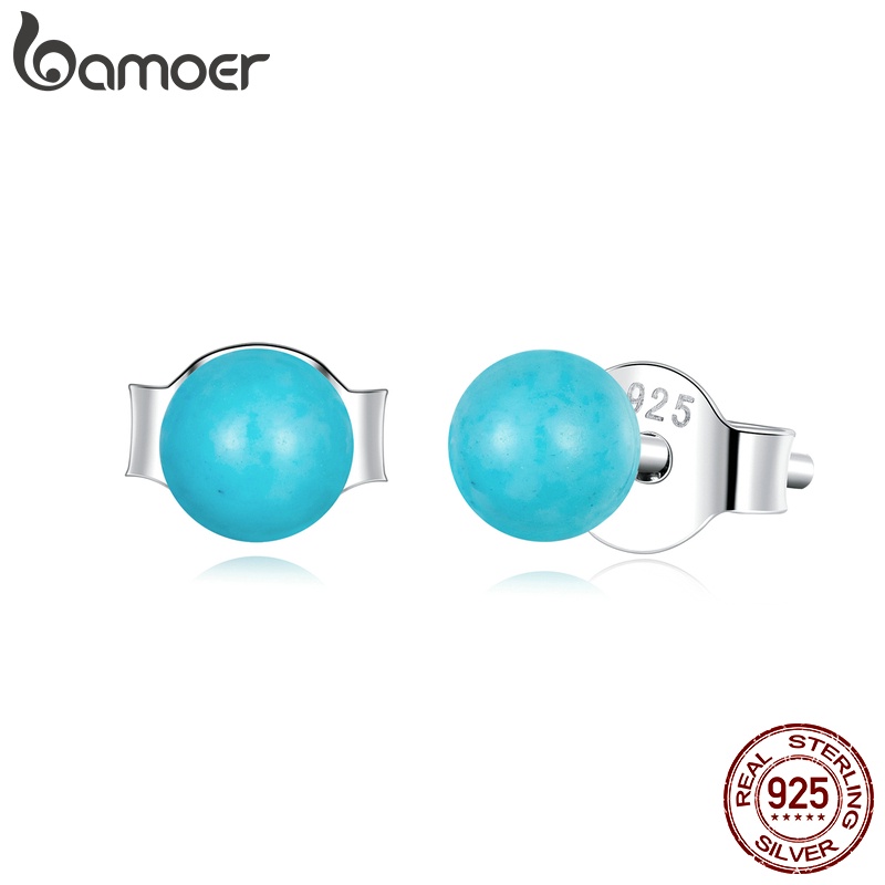 Cặp bông tai bạc 925 BAMOER đính đá ngọc lam đơn giản thời trang cho nữ