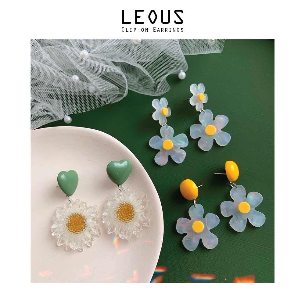 Khuyên tai kẹp không bấm lỗ chốt điều chỉnh K235 bằng hợp kim mạ vàng hình bông hoa bigsize dáng midi Leous Accessories