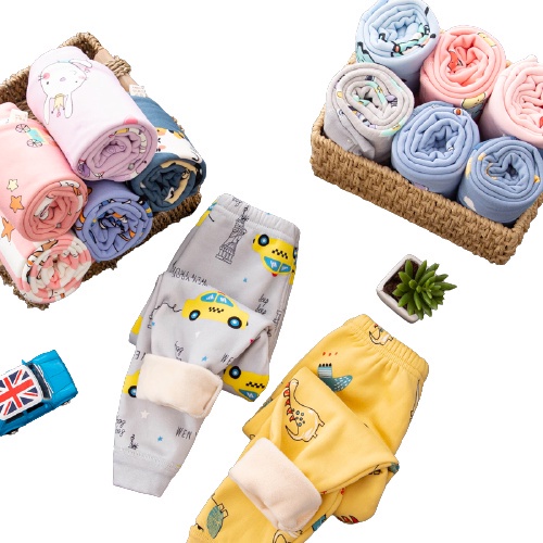 Quần dài cho bé trai, bé gái chất nỉ lông họa tiết thời trang từ 4 đến 15kg