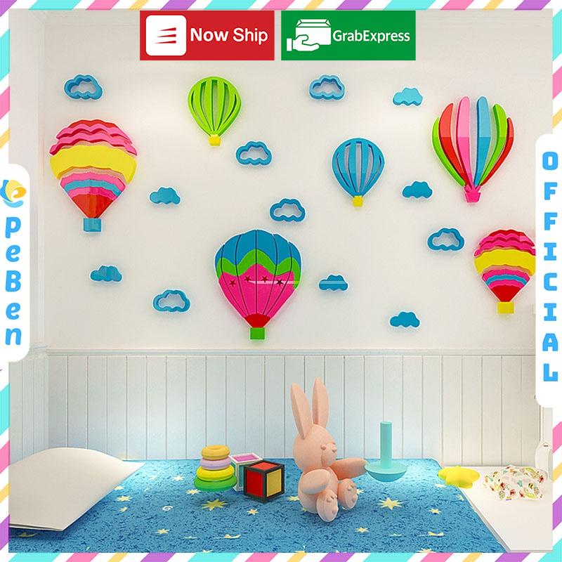 Tranh dán tường mica 3d decor khổ lớn khinh khí cầu sắc màu trên bầu tời trang trí mầm non, phòng bé Nhiều Size - EPeBen
