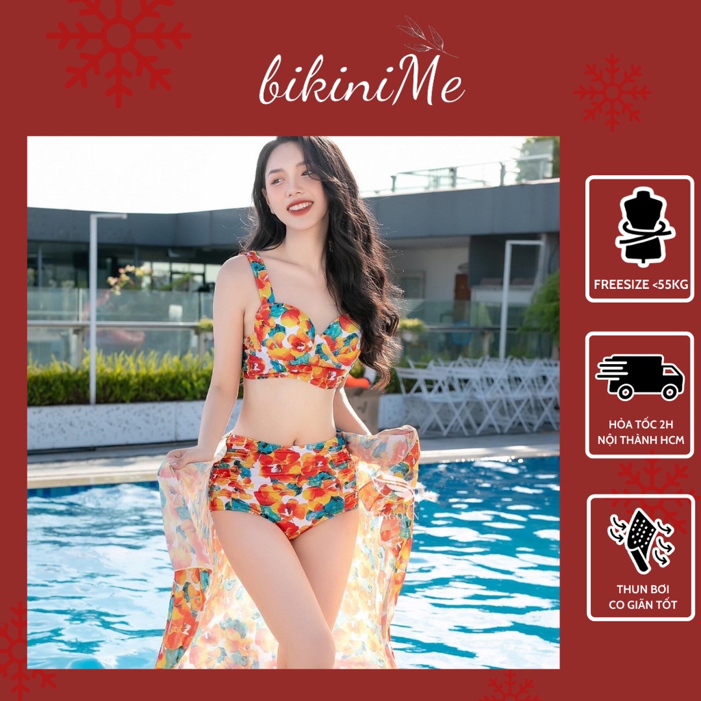 Bikini Đồ Bơi Nữ Hai Mảnh Kèm Khăn Choàng Họa Tiết Hoa Tươi Mát Nhiều Màu R9
