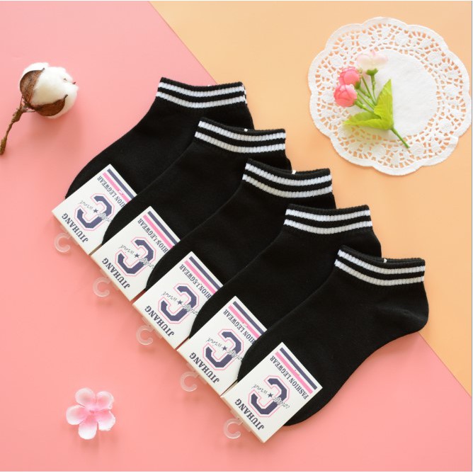 Tất vớ Hàn Quốc nam nữ, cotton đanh mịn cao cấp, cổ ngắn Đen kẻ sooc trắng phong cách trẻ trung cá tính.