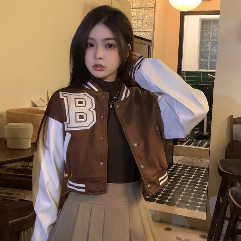 (Có sẵn) Áo khoác bomber nỉ bông bóng chày nữ thể thao cá tính chữ B màu nâu và đỏ có size phong cách Tik Tok