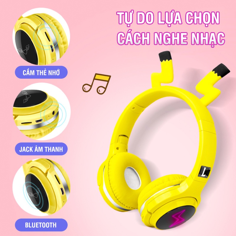 TN7 - Tai nghe chụp tai bluetooth không dây Pikachu màu vàng cute dễ thương đèn LED sáng độc đáo âm thanh sống động