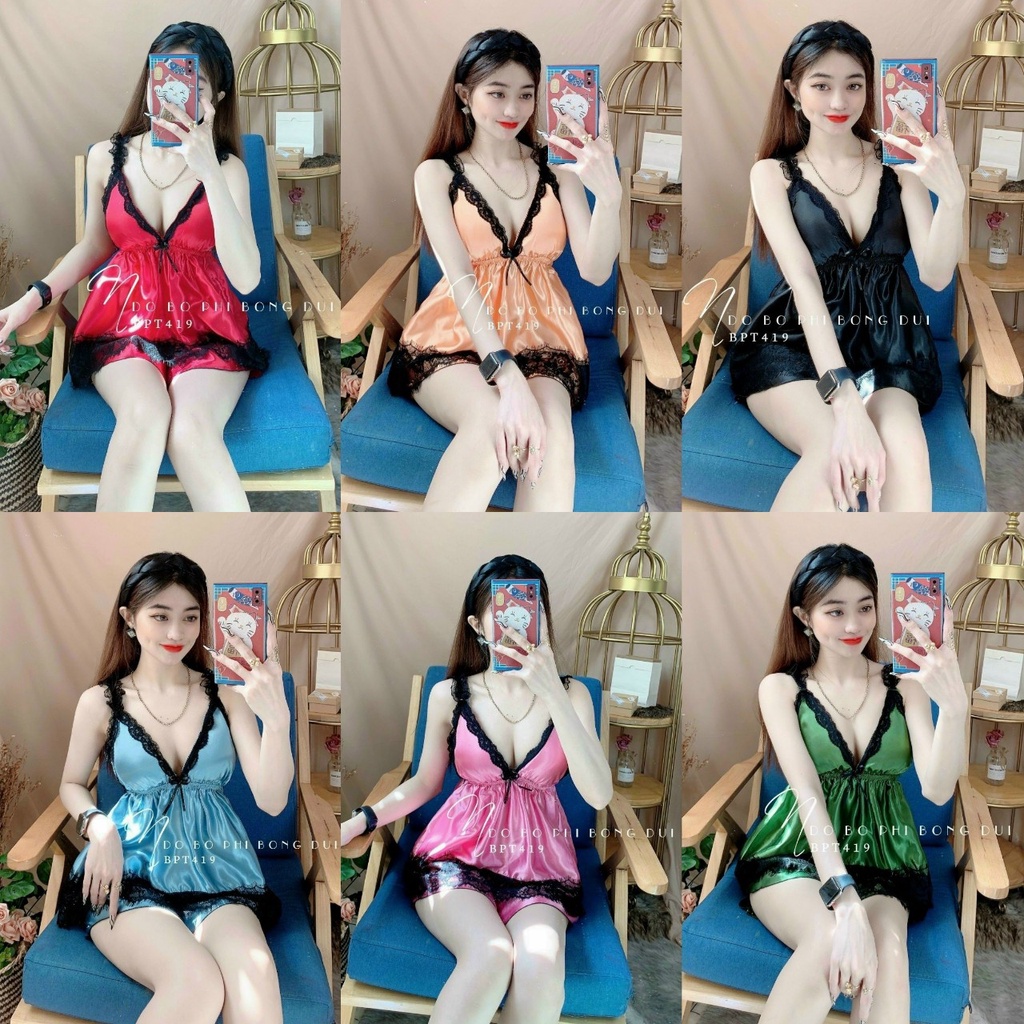 set đồ ngủ 2 dây phối ren đen có mút ngực vải phi lụa họa tiết trơn phối ren siêu xinh freesize dưới 57kg tùy chiều cao