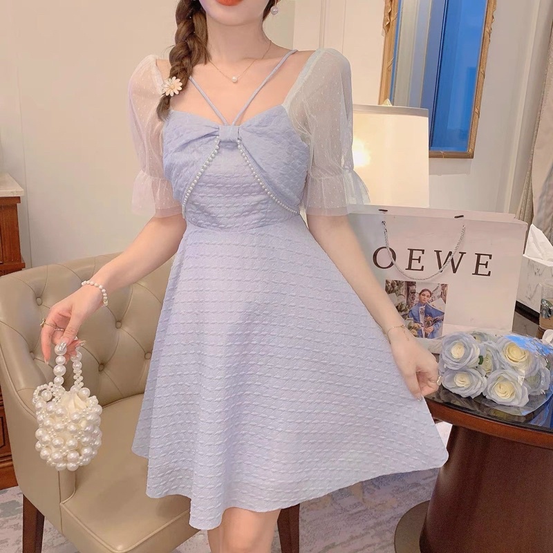 ĐẦM XANH NƠ NGỰC DÂY CHÉO CỔ TAY PHỐI KEM