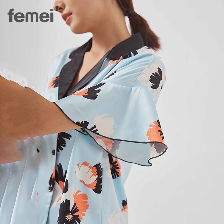 [Mã LT50 giảm 50k đơn 250k] FEMEI - Bộ Pijama ngắn Lụa Hoa Xanh DÔNNA