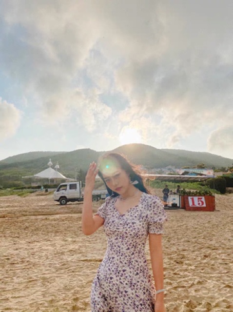 (Sẵn) Váy đầm maxi hoa tím xẻ tà dáng dài tay ngắn phồng | BigBuy360 - bigbuy360.vn