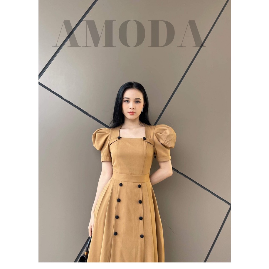 Váy xinh DANG DÀI siêu tôn dang tôn eo  vai bồng màu nâu dễ thương AMODA thiết kế cao cấp VN002