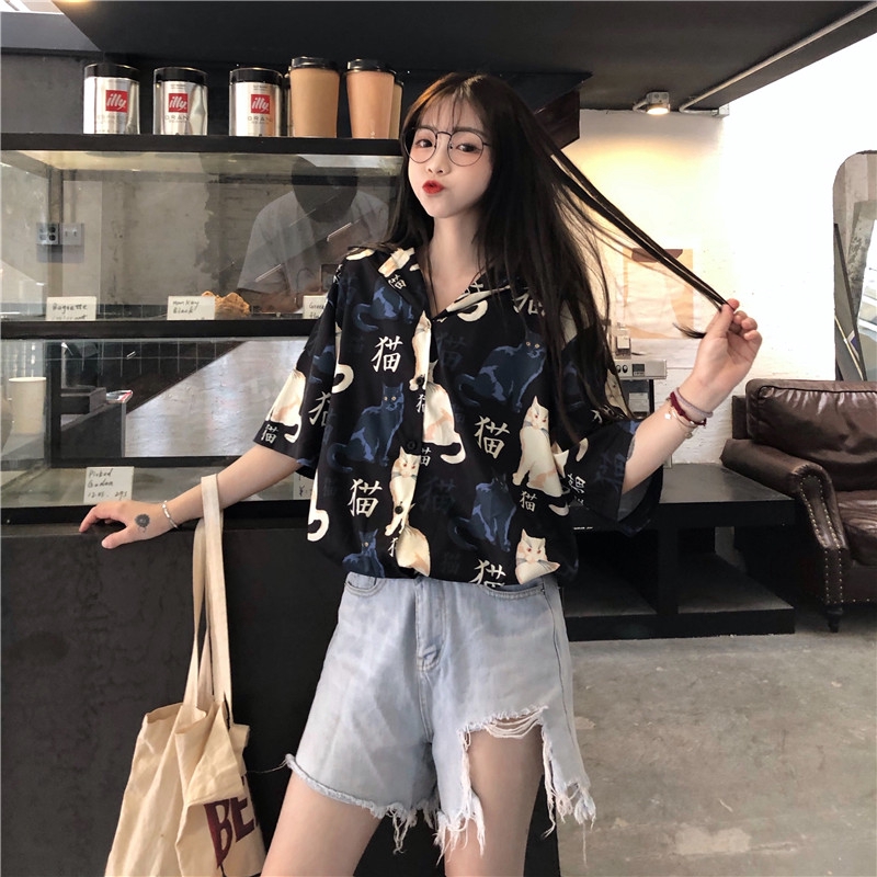 SUXI Áo Sơ Mi Ngắn Tay In Hình Mèo Xinh Xắn