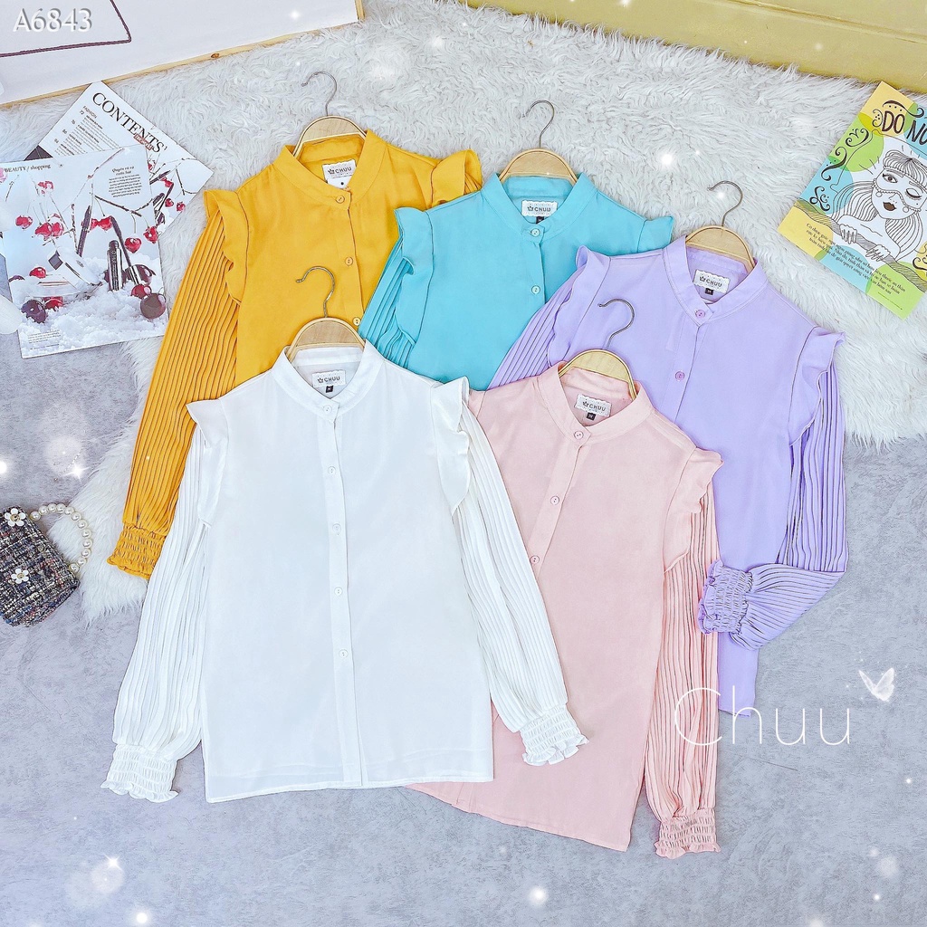 Áo sơ mi nữ xếp li tay dài cổ trụ công sở CHUU A6843