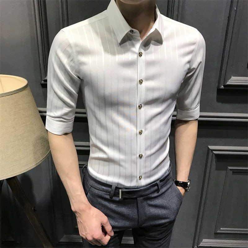 【Non-iron shirt】Men Formal Button Smart Casual Long Sleeve Slim Fit Suit Shirt Men's striped shirt Korean slim trend long sleeve shirt ruffian handsome business non iron white inch shirt casual Quarter Sleeve