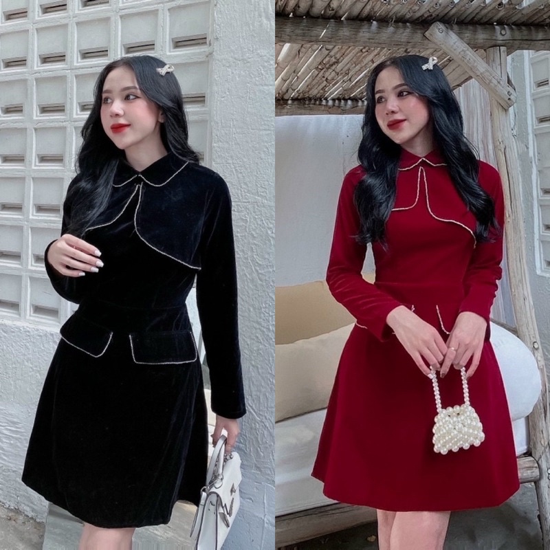 hàng TK Đầm nhung đính cườm kiểu cách cao cấp tay dài đỏ đen, váy ngắn form chữ A sang trọng quý phái thời trang dự tiệc