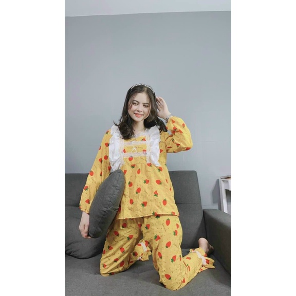[FREE SHIP] SET BỘ NỮ QUẢ DÂU PHỐI REN MẶC NHÀ CỰC XINH