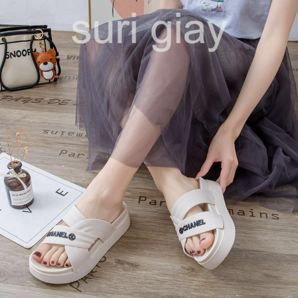 Ảnh thật Mã 2958-27 Dép nữ quai chéo Cha.ne đế cao 4p chống nước êm chân hàng QC cao cấp