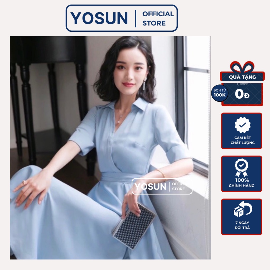 Đầm Nữ Công Sở Cổ V Đắp Chéo Tà Thắt Nơ Eo Sau Thanh Lịch, Đầm Nữ Form Xòe Tay Ngắn Màu Xanh Biển