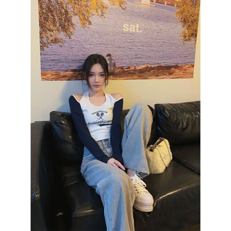 Áo Croptop Trễ Vai Tay Dài In Họa Tiết Màu Tương Phản Thời Trang Cho Nữ COZOK