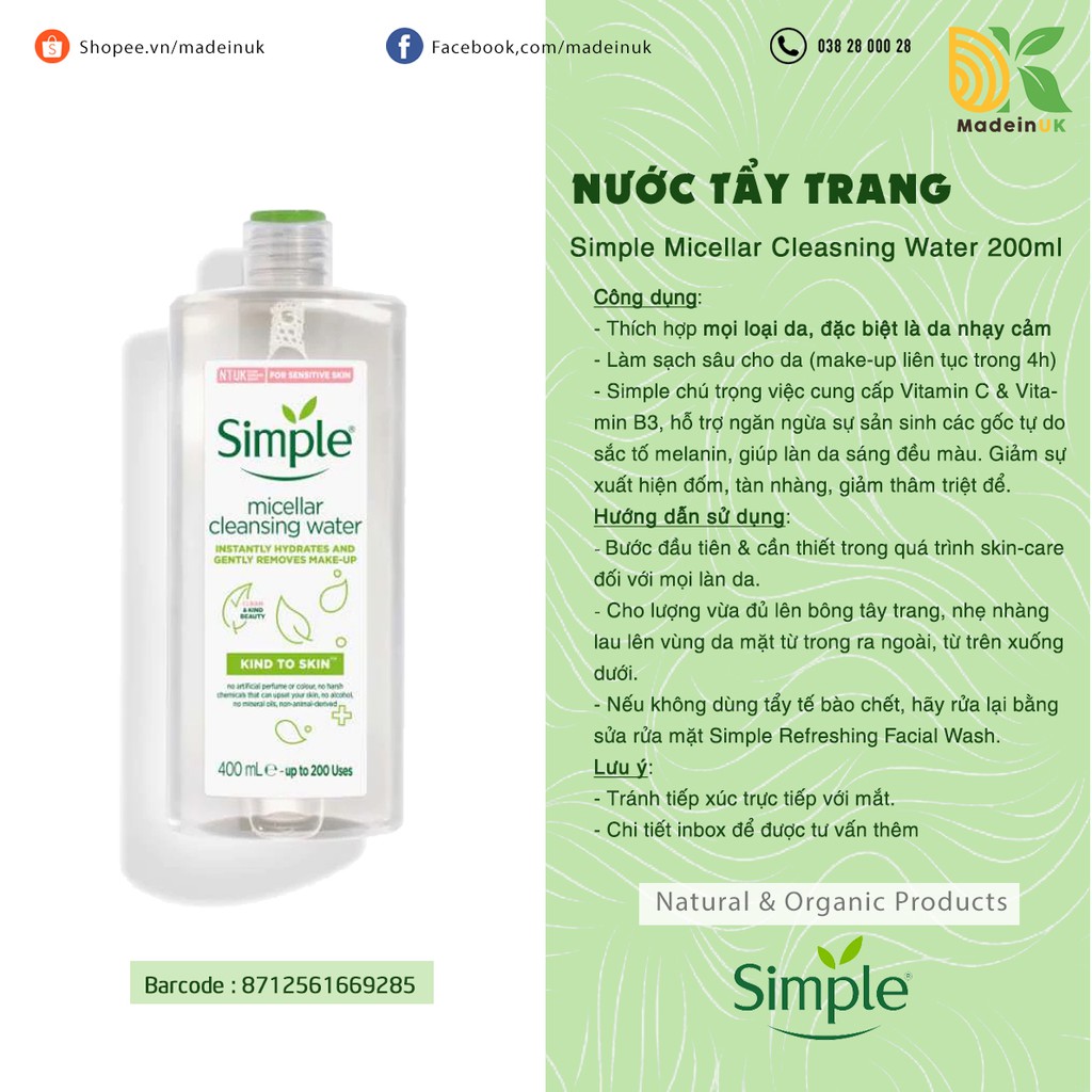 Nước Tẩy Trang Simple 200ml Dành Cho Mọi Loại Da Simple Micellar Cleansing Water