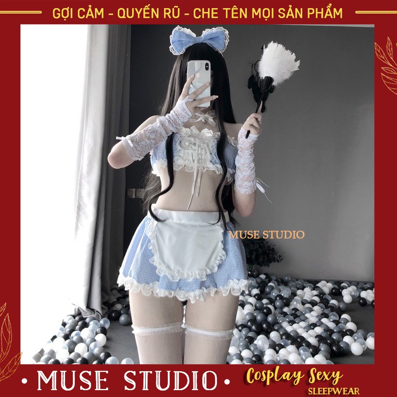 Đồ Ngủ Cosplay ✨𝑯𝑨̀𝑵𝑮 𝑪𝑨𝑶 𝑪𝑨̂́𝑷✨ Bộ Cosplay Hầu Gái Sexy Xanh Caro, Cosplay Cô Giúp Việc Gợi Cảm, Set 7 Món Cao Cấp