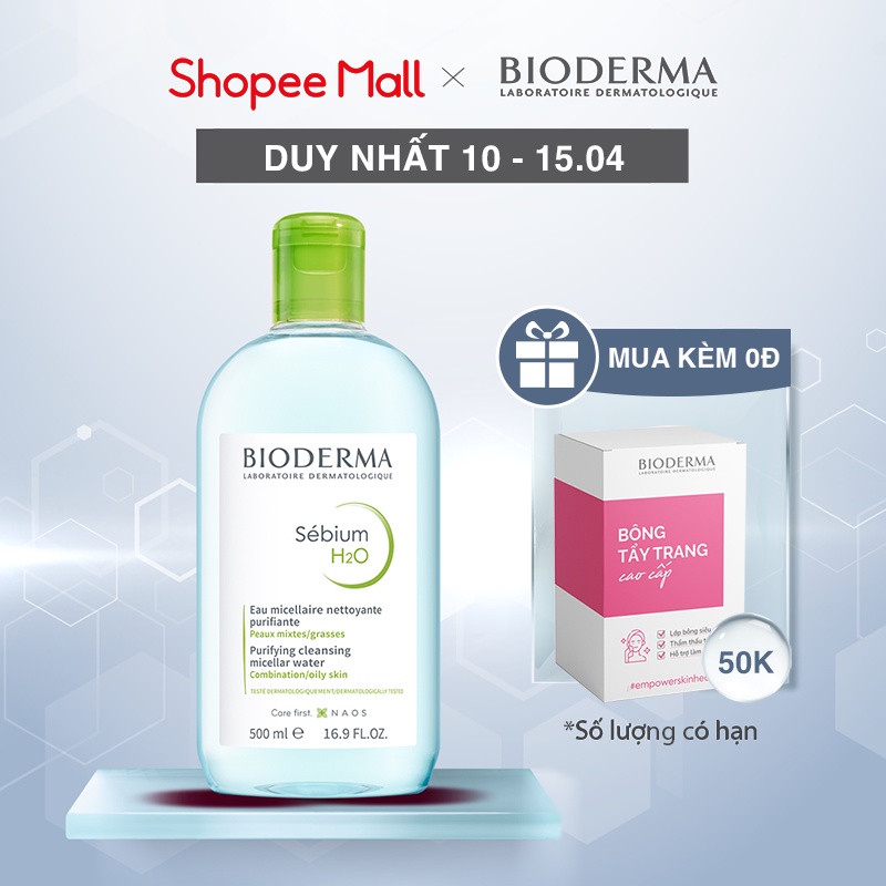 Dung dịch làm sạch và tẩy trang công nghệ Micellar dành cho da hỗn hợp, da dầu và da mụn Bioderma Sebium H2O 500ml