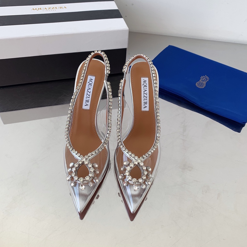 Giày cao gót nữ da thật thời trang cao cấp Aquazzura thiết kế đính viền đá sang trọng, thời thượng