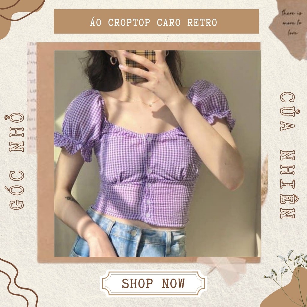 Áo Croptop Caro Cổ Vuông Tay Bồng