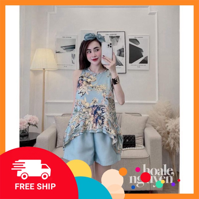 Set bộ lụa áo hoa sát nách bèo tầng mix quần sooc xanh siêu xinh - Sỉ Ngọc Tâm