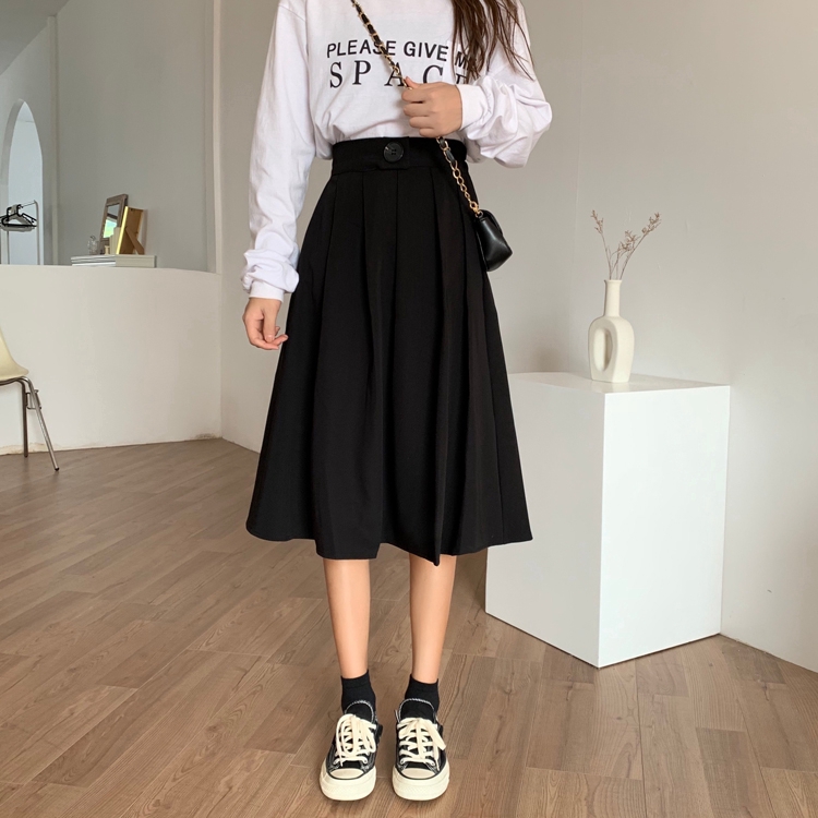 SUXI Chân váy dài lưng cao phong cách retro