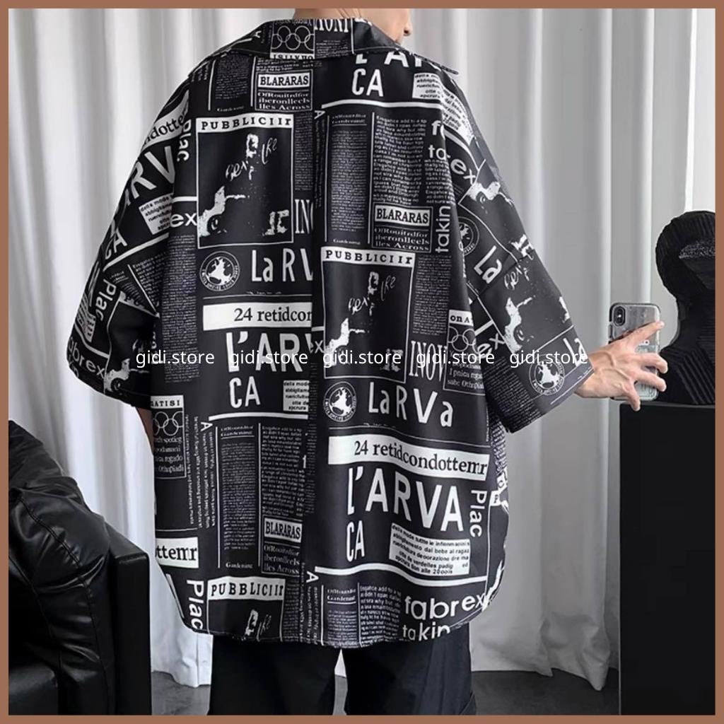 Áo sơ mi Nam Nữ Unisex tay lỡ vải lụa in hoa tiết tờ báo cổ bẻ - kiểu áo tay ngắn form rộng Freesize