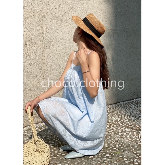 Đầm 2 dây - váy 2 dây nơ lưng dáng xoè đi biển hoạ tiết hoa chìm cao cấp