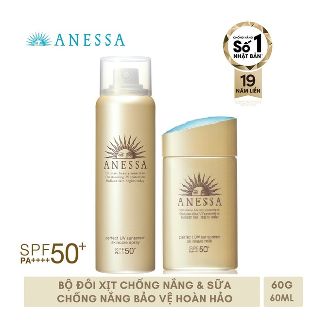 Bộ đôi xịt và sữa chống nắng Anessa(Perfect UV Gold Spray 60g+ Gold Milk 60ml)