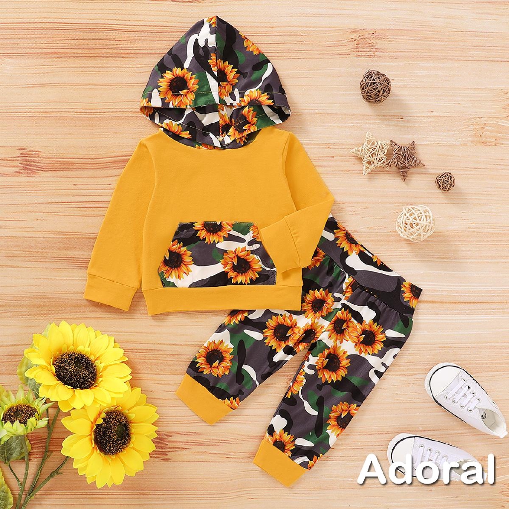 Áo Hoodies 2 Lớp + Quần Dài Họa Tiết Hoa Hướng Dương Cho Bé Gái 3-6 Tháng Tuổi