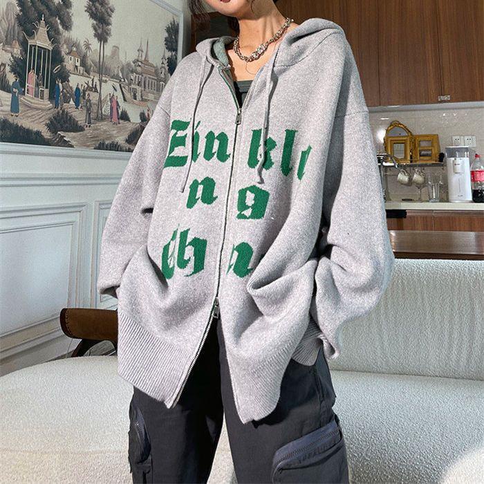 Áo Khoác Cardigan Có Nón Phối Khóa Kéo Dáng Rộng Vải Cotton Màu Bạc Thời Trang Thu Đông Cá Tính Cho Nữ