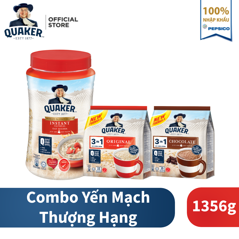 Combo : 1 Yến mạch Quaker hũ 600g + 2 túi Thức uống Yến mạch Quaker 3in1 vi Sô Cô La 420G &amp; Truyền Thống 420G