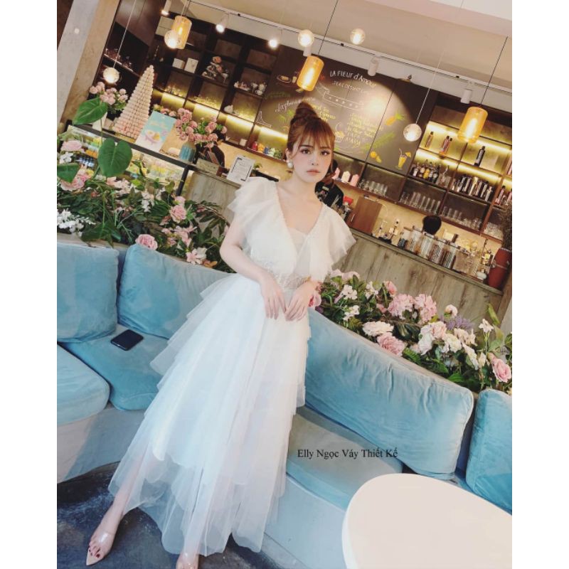 Đầm dư tiêc bèo vai tiểu thư tần maxxi kèm ảnh thât